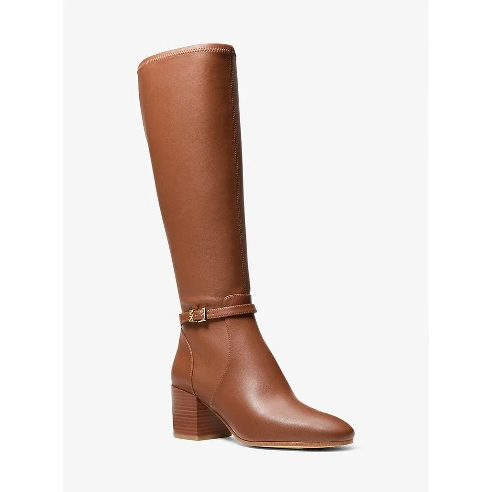 Michael Kors Ella Women's Block Heel Boots NIB 7 WIDE LUGGAGE BROWN LEATHER
